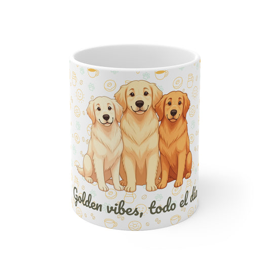 Taza de Cerámica con Golden Retriever – “Golden vibes, todo el día”